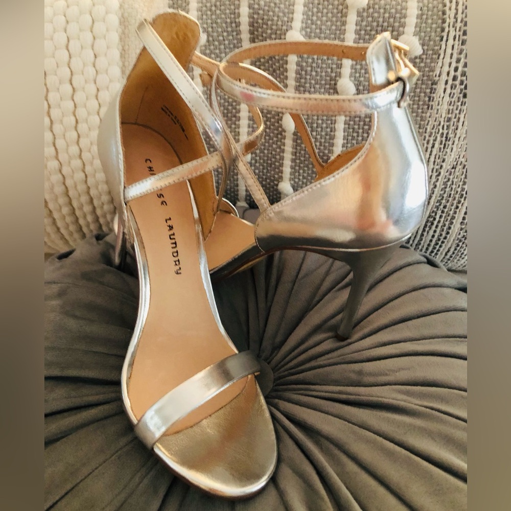 Chinese Laundry Metallic Silver Strappy Heels
